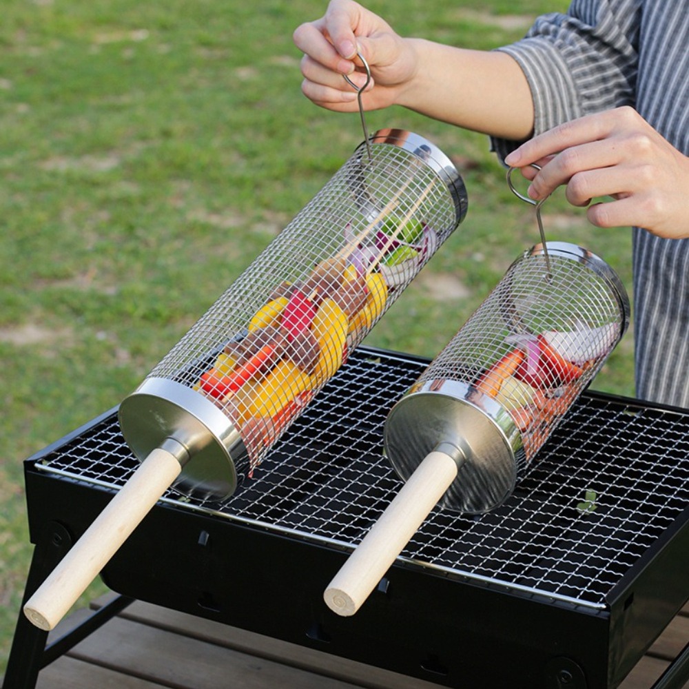 Stainless Steel Rolling BBQ Gr - Camping Cooking Basket 评论和价格